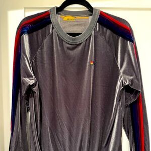 Aviator Nation grey velvet/felt sweater with red/blue/purple stripes, size M